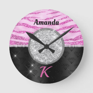 Chic rosa svartfaux glitter djurtryck monogram rund klocka