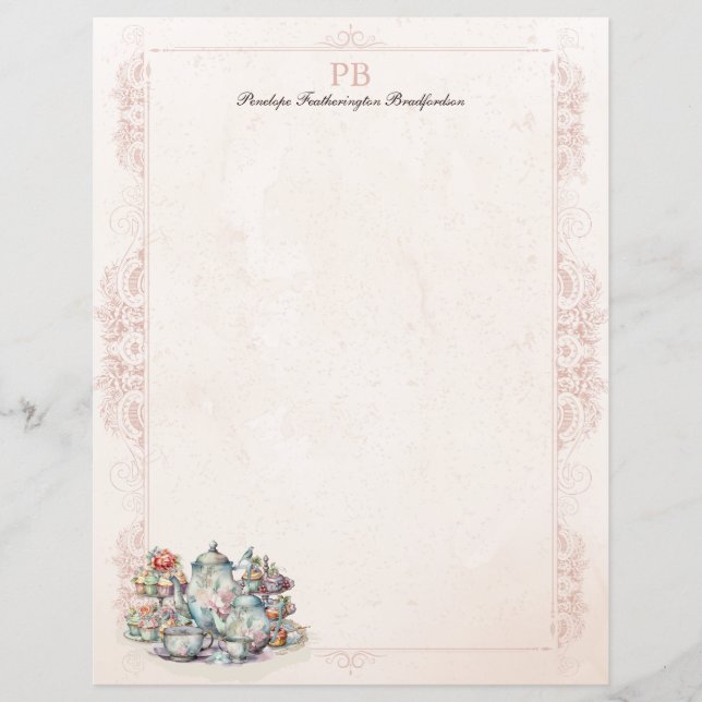 Chic Rosa Tea Party Monogrammed Stationery Papper (Framsida)