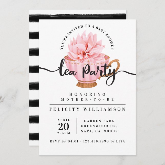 Chic Rosa Tekopp Tea Party Baby Shower-inbjudan ti Inbjudningar (Fram/baksida)