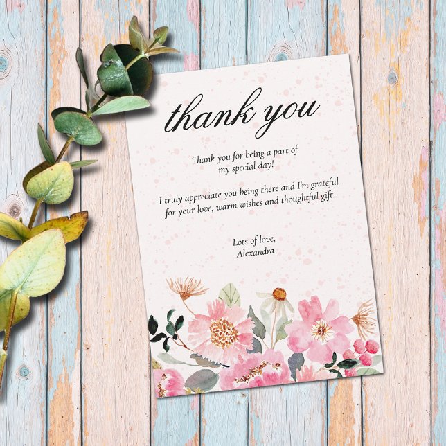 Chic rosa trädgårdsblommor bröllopsdusch tack kort (Chic pink watercolor garden flowers bridal shower flat thank you cards)