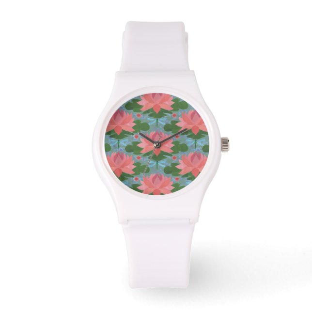 Chic Rosa Vatten Lilies and Dragonflies Wristwatch Armbandsur (Framsida)