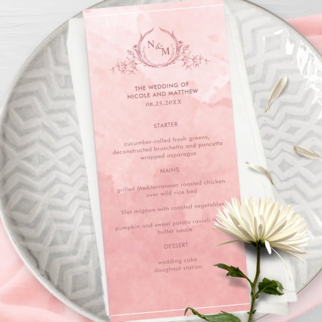 Chic  Rosa Vattenfärg, Monogram Bröllop Menu Meny (Skapare uppladdad)