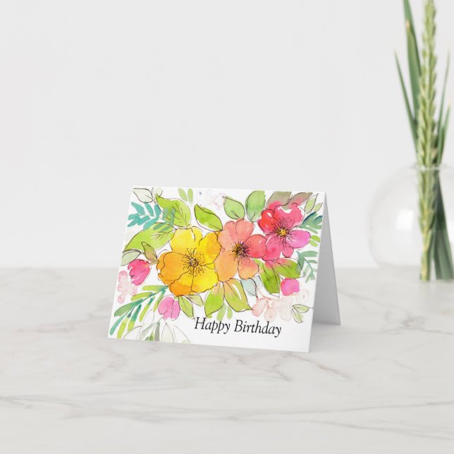 chic rosa vattenfärgspenna och bläck blommigt föde tack kort (Framsida)