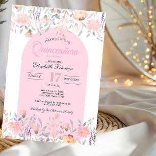 Chic rosa vilda blommor Ditt foto Quinceañera Inbjudningar
