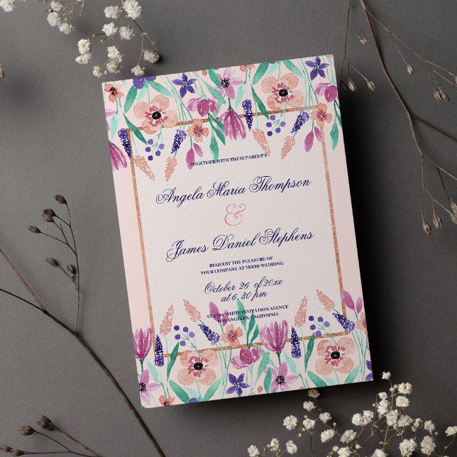 Chic rosa violett grönt vattenfärgsfärg blommigt b inbjudningar (Chic pink violet green watercolor floral wedding)