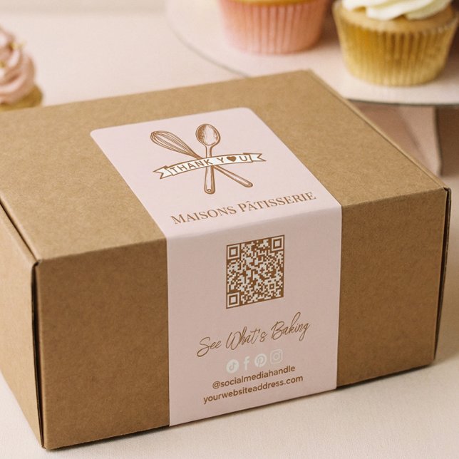 Chic Rosa Visp Sked Kodskaft Tacksamt QR-Kod Baker Fraktsedel (Chic Pink Whisk Spoon Thank You QR Code Bakery Box Label)