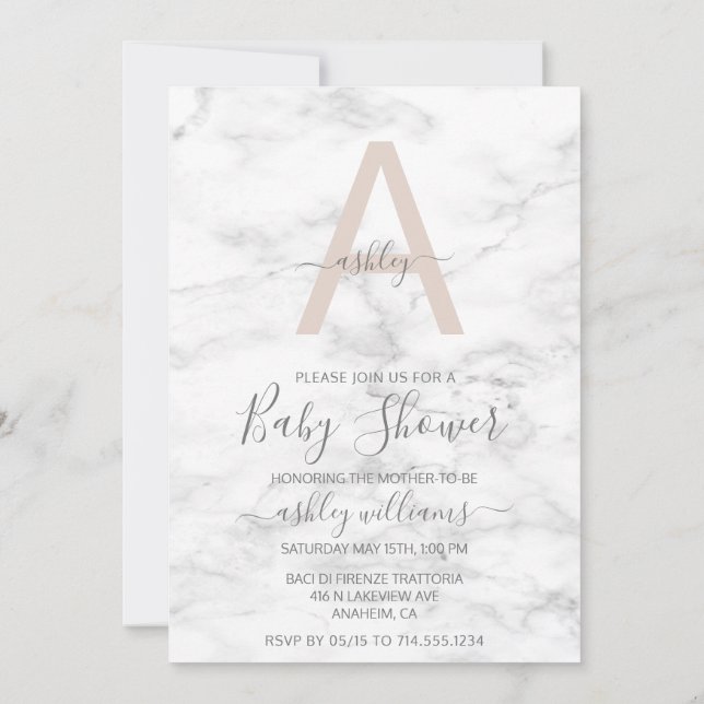 Chic  Rosa Vit marble Monogram Baby Shower Inbjudningar (Baksida)