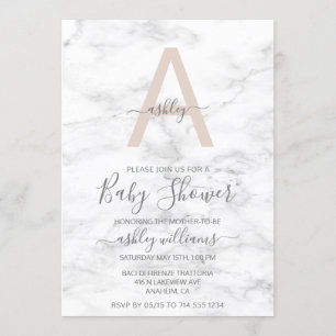Chic Rosa Vit marble Monogram Baby Shower Inbjudningar