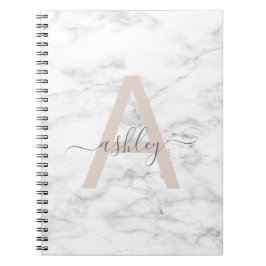Chic  Rosa Vit marble Script Namn Monogram Anteckningsbok