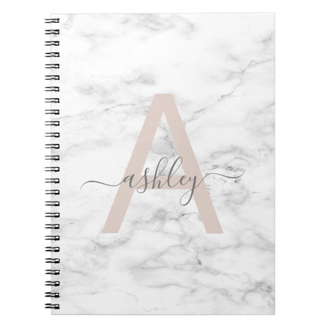 Chic  Rosa Vit marble Script Namn Monogram Anteckningsbok (Framsidan)