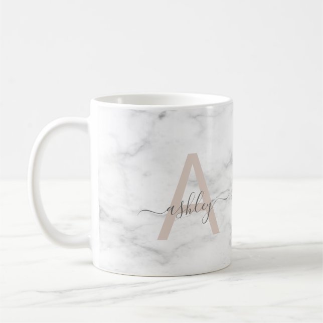Chic  Rosa Vit marble Script Namn Monogram Kaffemugg (Vänster)