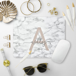 Chic  Rosa Vit marble Script Namn Monogram Musmatta