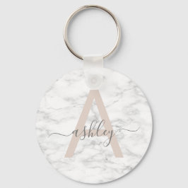 Chic  Rosa Vit marble Script Namn Monogram Nyckelring