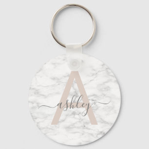 Chic  Rosa Vit marble Script Namn Monogram Nyckelring