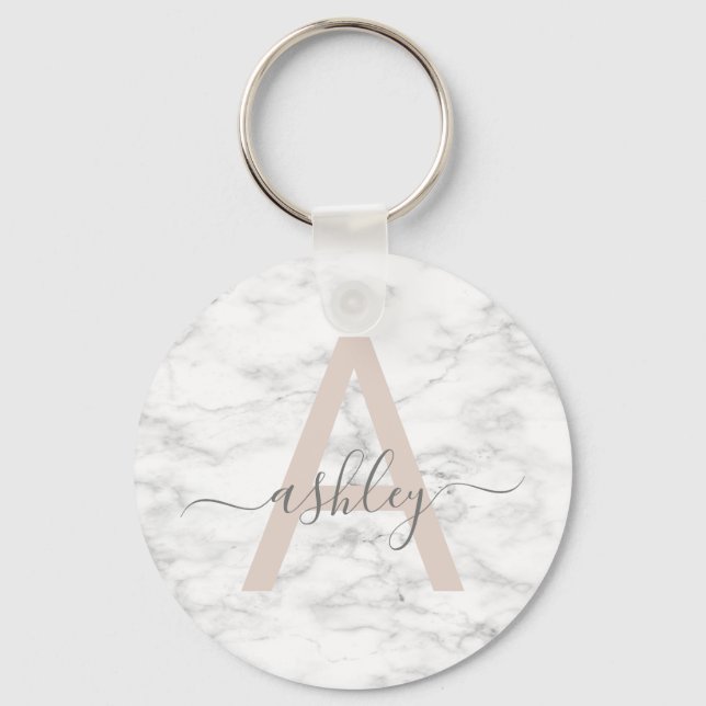 Chic  Rosa Vit marble Script Namn Monogram Nyckelring (Framsida)
