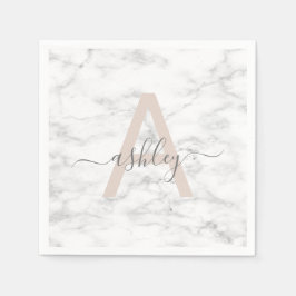Chic  Rosa Vit marble Script Namn Monogram Pappersservett