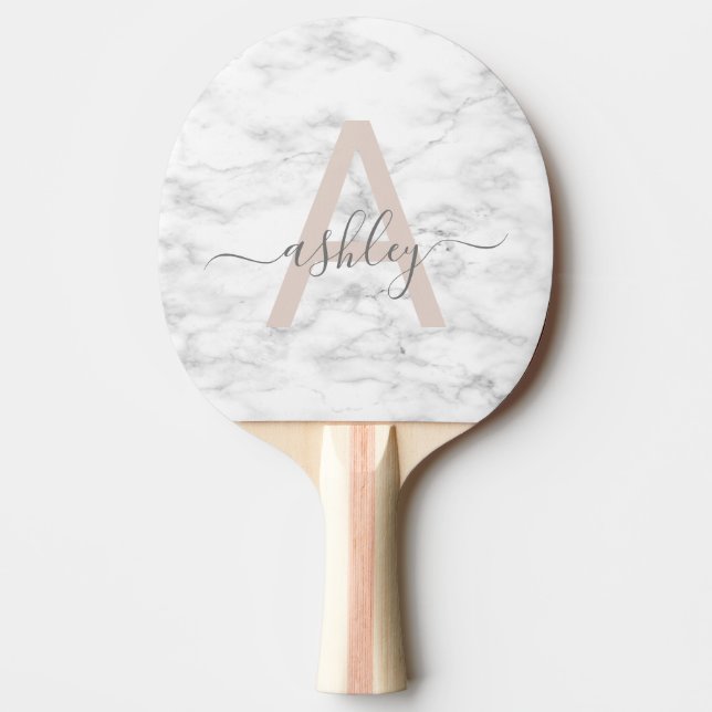 Chic  Rosa Vit marble Script Namn Monogram Pingisracket (Framsidan)