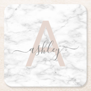 Chic Rosa Vit marble Script Namn Monogram Underlägg Papper Kvadrat