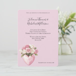 Chic Rosa Vit ros Blommigt Heart Bröllop Inbjudningar