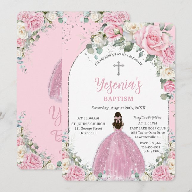 Chic Rosa Vita Blommigten Silver Arch Baptism Inbjudningar (Fram/baksida)