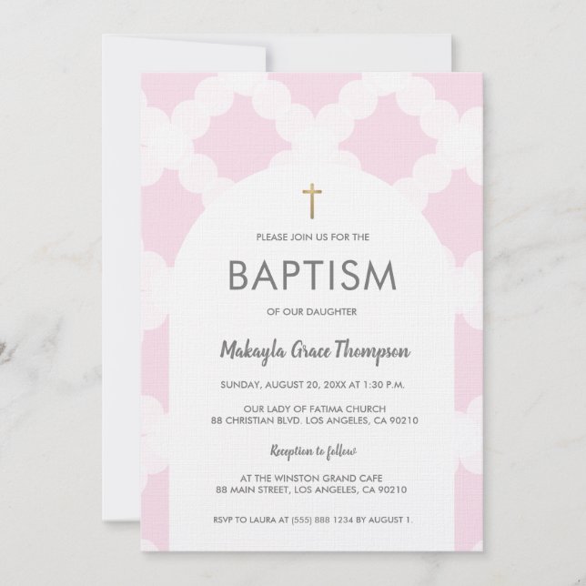 Chic Rosa Vita Guld Arch Baby Baptism vid Kor Inbjudningar (Framsida)