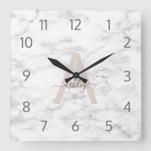 Chic  Rosa Vitmarble Namn Monogram Fyrkantig Klocka