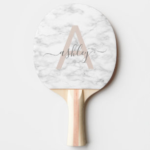 Chic  Rosa Vitmarble Namn Monogram Pingisracket
