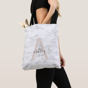 Chic  Rosa Vitmarble Namn Monogram Tygkasse