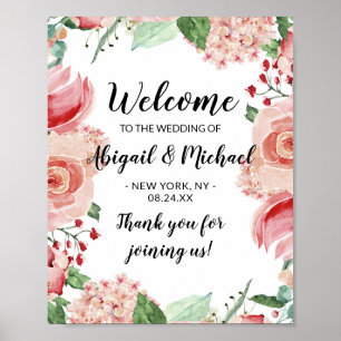 Chic Rosa Watercolor Blommigt Bröllop Välkomstteck Poster