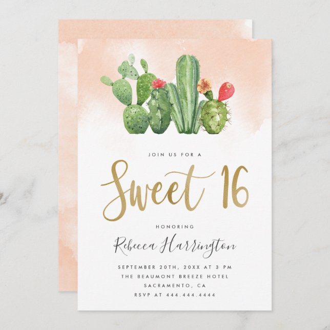 Chic  Rosa Watercolor & Cactus Sweet 16 Inbjudningar (Fram/baksida)