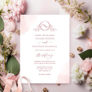 Chic Rosa Watercolor Stains Monogram Bröllop Inbjudningar