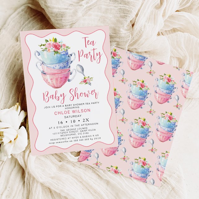 Chic Rosa Wave Blommigt Baby Shower Tea Party Inbjudningar (Pink wave chic baby shower tea party invitation featuring some stacked teacup and flowers.)
