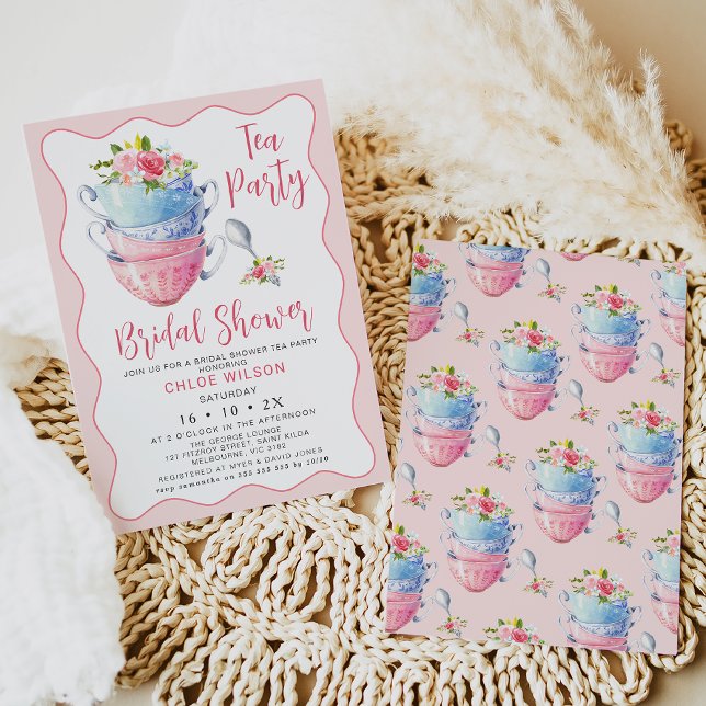 Chic Rosa Wave Blommigt Möhippa Tea Party Inbjudningar (Pink wave bridal shower tea party great for anyone who likes chic invitation designs.)
