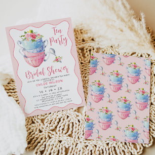 Chic Rosa Wave Blommigt Möhippa Tea Party Inbjudningar