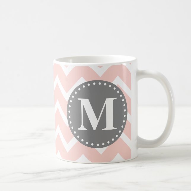 Chic Rosa White Grått Zigzag Chevron Monogram Kaffemugg (Höger)