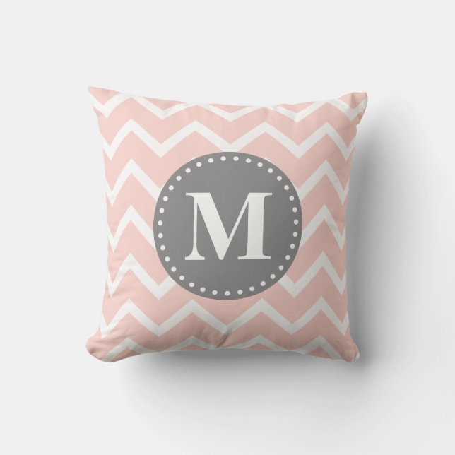 Chic Rosa White Grått Zigzag Chevron Monogram Kudde (Framsida)
