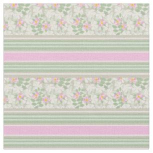 Chic Rosa White Hund Ro på Taupe Stripe Fabric Tyg