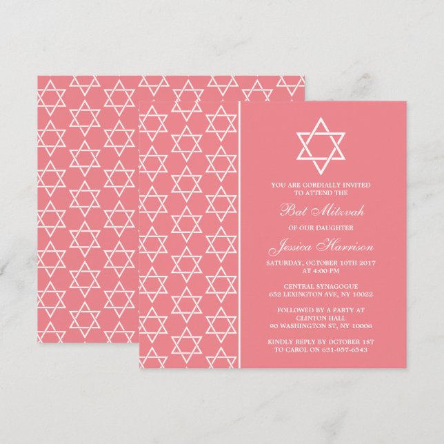 Chic Rosa & White Jewish Star of David Bat mitzvah Inbjudningar (Fram/baksida)