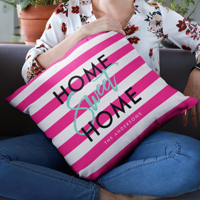 Chic Rosa & White Rand Black Home Sweet Home Kudde (Skapare uppladdad)