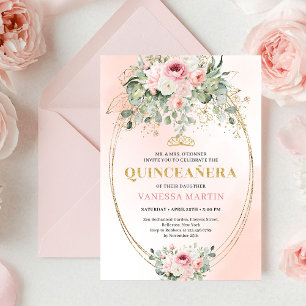 Chic rosablommig guld Quinceañera Boho inbjudan