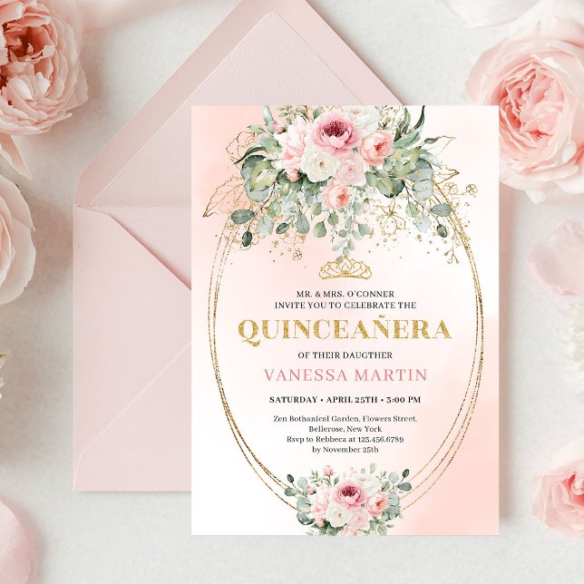 Chic rosablommig guld Quinceañera Boho inbjudan (Chic Blush Pink Floral Gold Quinceañera Boho Invite)