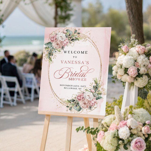 Chic rosablommor grönska guld shower skylt (Chic Blush Pink Flowers Greenery Gold Shower Sign)
