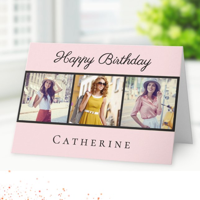 Chic rosabränd födelsedagsgratulation med 3 fotoco kort (An elegant pink birthday card personalized with a name and a collage of 3 photos)