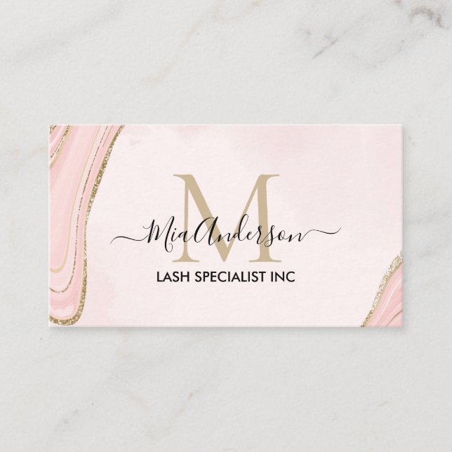 Chic rosabränd guldglitter marmor agat monogram visitkort (Framsida)