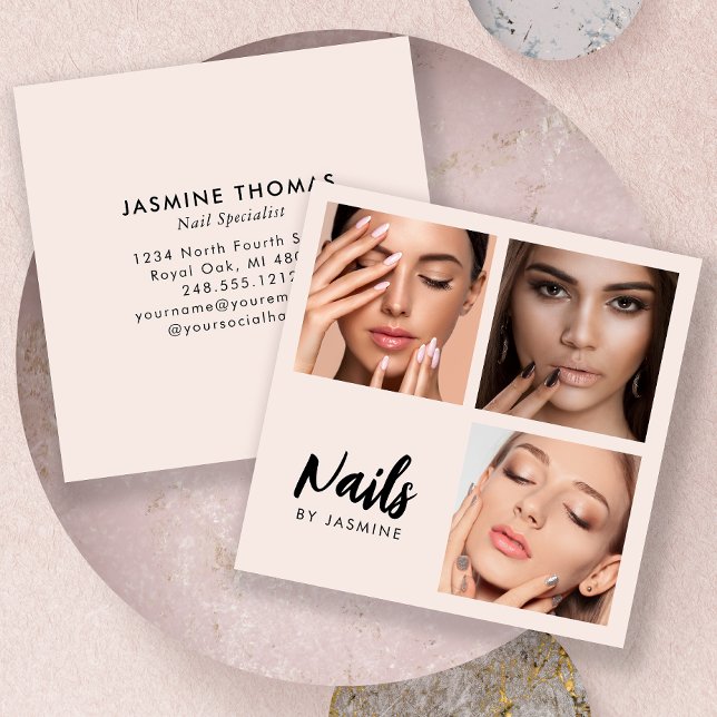 Chic rosabränd rosa svart Script 3 Foto Nail Artis Fyrkantigt Visitkort (Skapare uppladdad)