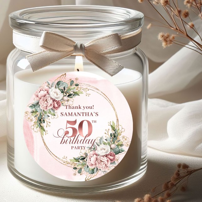 Chic rosafärgad grönska 50-årsfirande Etikett (Chic Blush Pink Greenery 50th Birthday Party Stickers)