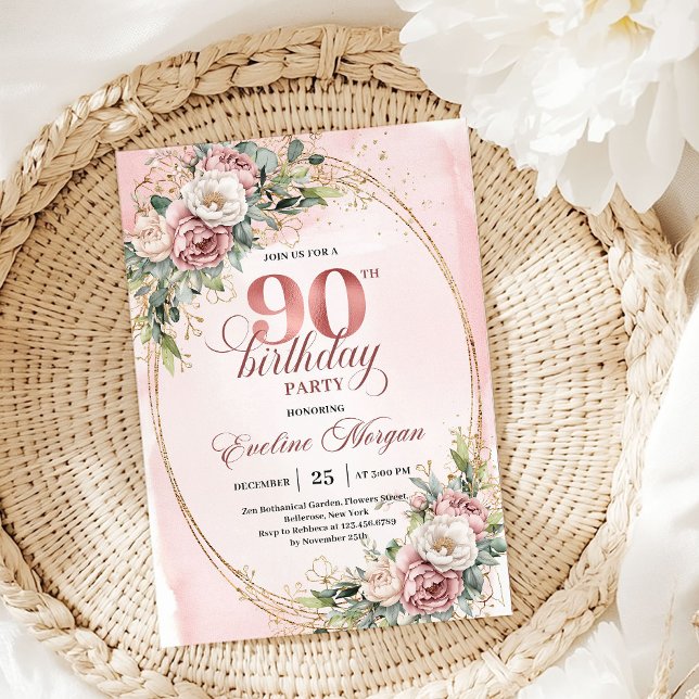 Chic rosafärgad guld eukalyptus 90-årsdag  inbjudningar (Chic Blush Pink Gold Eucalyptus 90th Birthday Invite)
