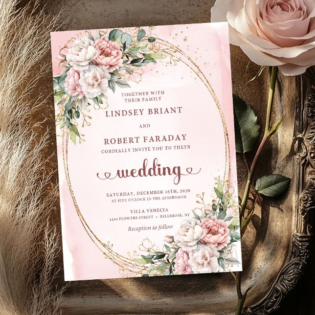 Chic Rose Gold Blush Botanical Wedding Invitation Inbjudningar (Chic Rose Gold Blush Botanical Wedding Invitation)