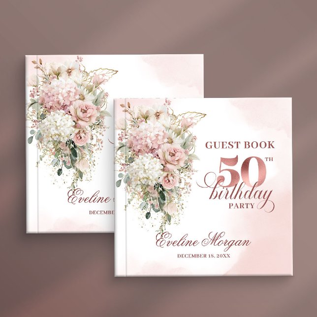 Chic Rose Gold Blush Flowers 50th Birthday Guestbo Gästböcker (Chic Rose Gold Blush Flowers 50th Birthday Guestbook)