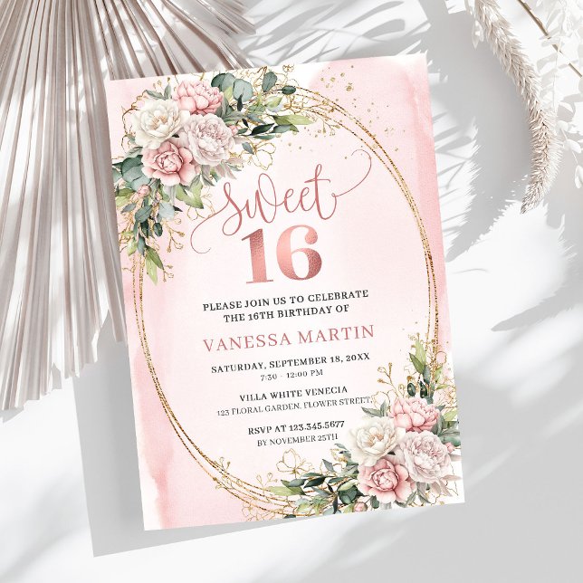 Chic Rose Gold Flowers and Greenery Sweet Sixteen Inbjudningar (Rose Gold Flowers and Greenery Sweet Sixteen Invite)